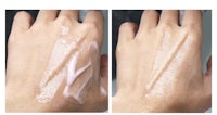 two pictures of a person's hand with cream on it